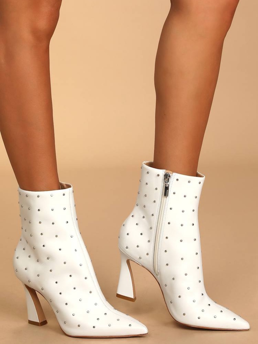 SCHUTZ White Studded Pointed-Toe Ankle Boots